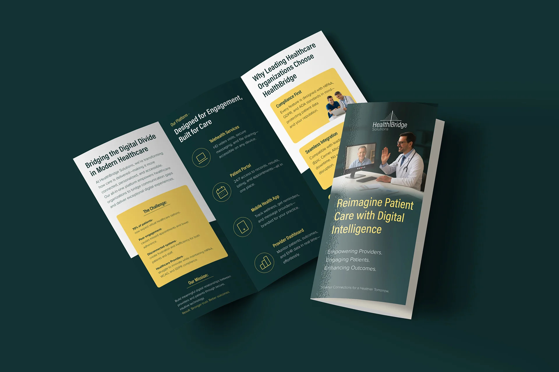 Clean modern trifold brochure open spread and cover