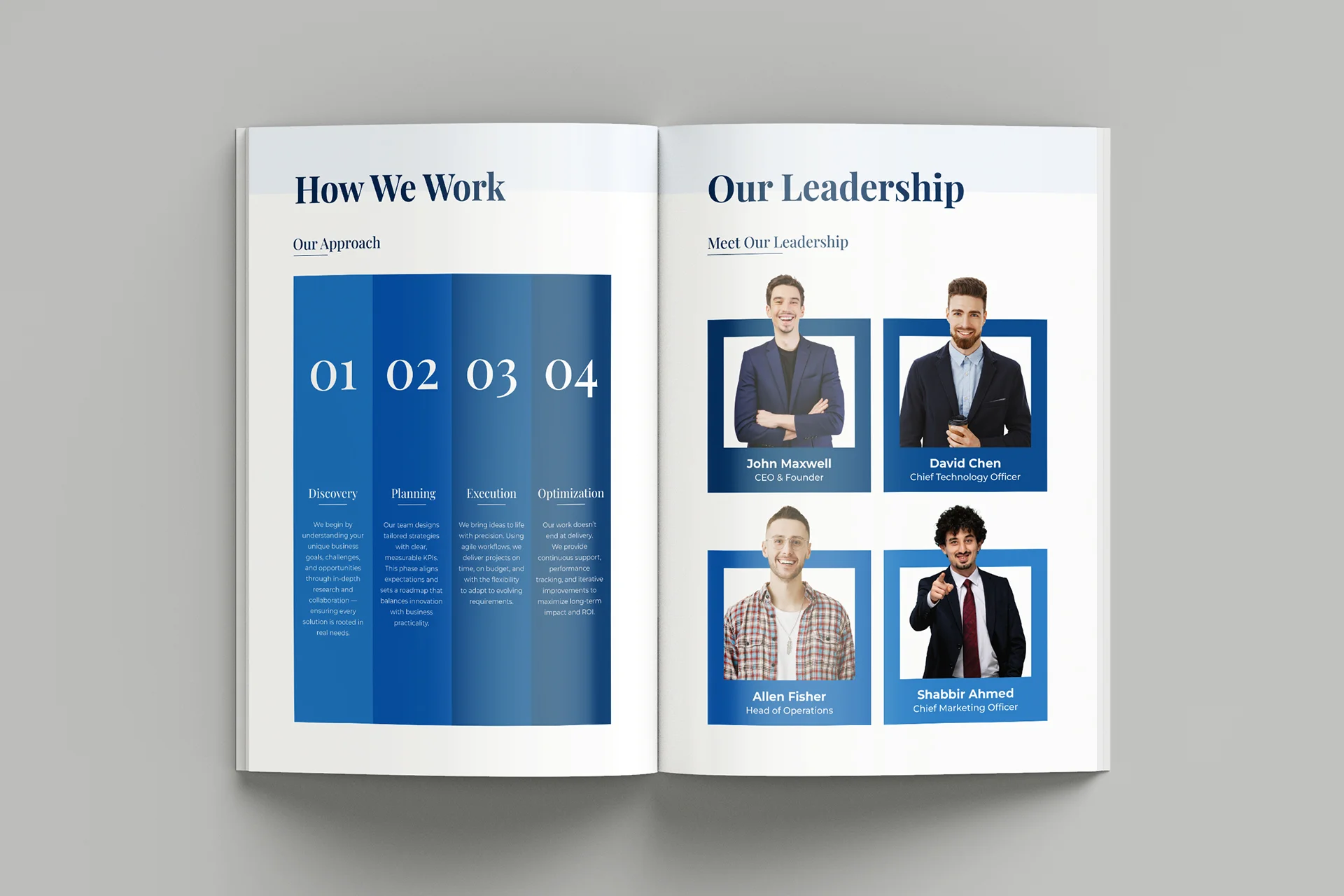 Business solutions and leadership section layout for Vertex brochure