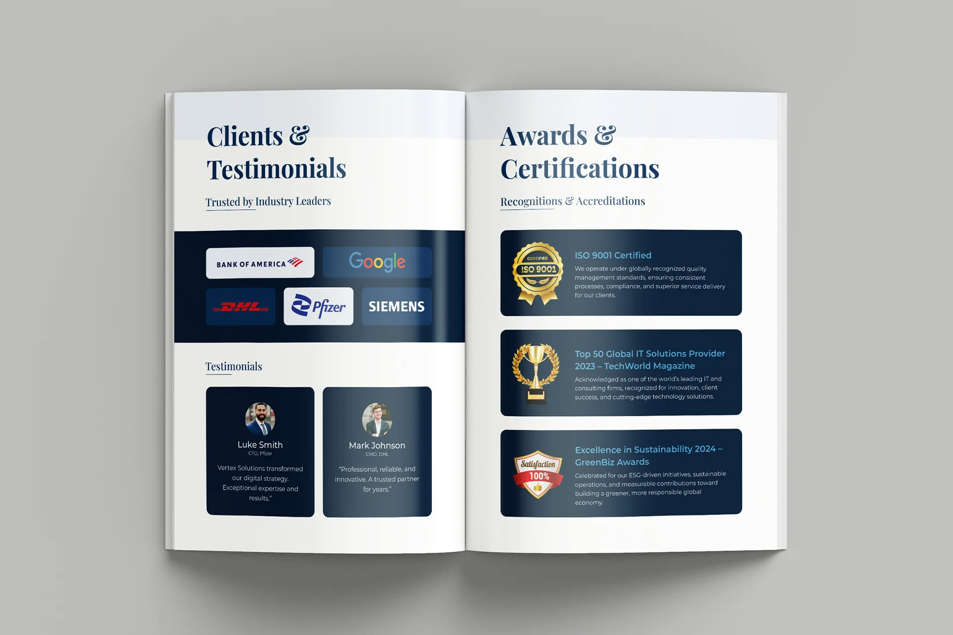 Clients, testimonials, awards & certification spread design for Vertex Solutions