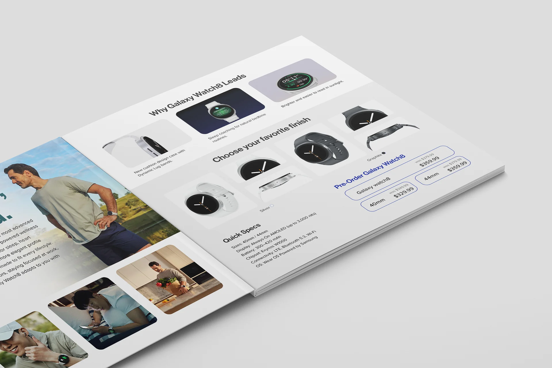 Product specifications and features spread for Galaxy Watch8