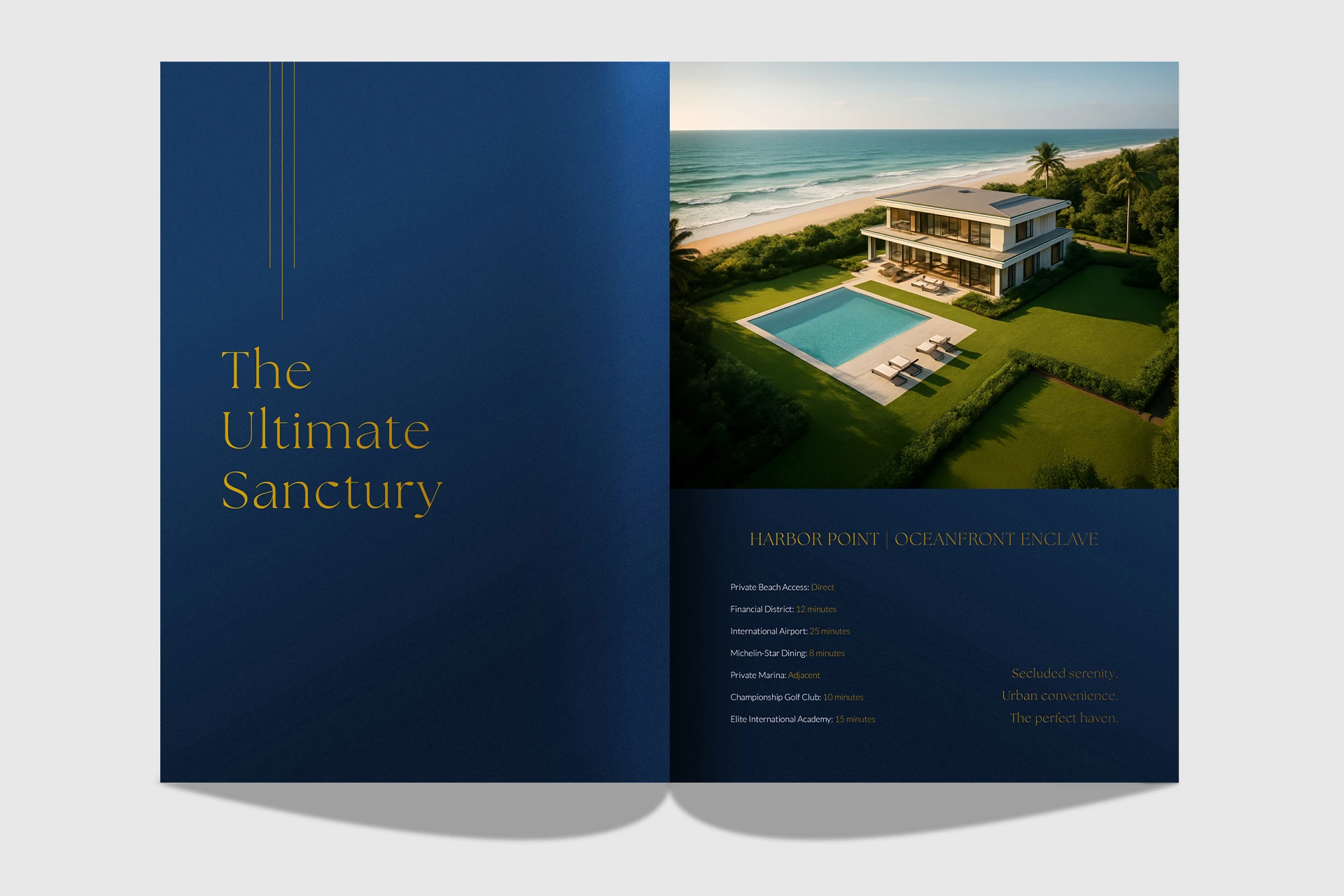 Haven Properties luxury brochure aerial shot of a villa