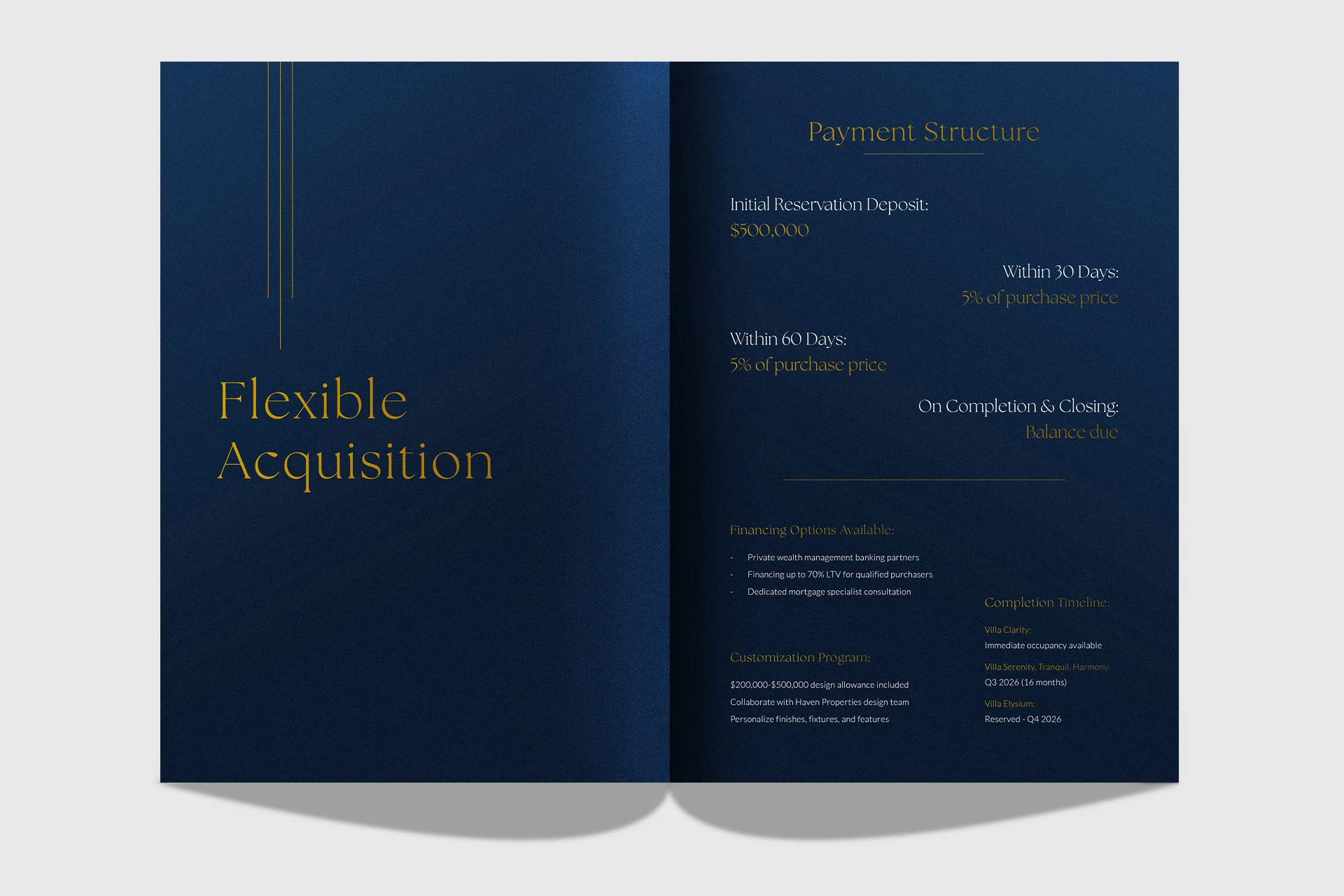 Haven Properties luxury brochure acquisition spread design payment structure